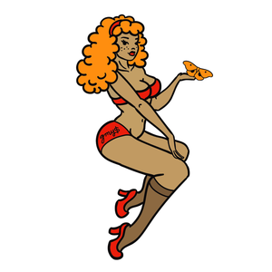 An illustration of a Black woman with freckles and orange hair, wearing a red bikini, stockings, and red heels, and holding an orange moth.