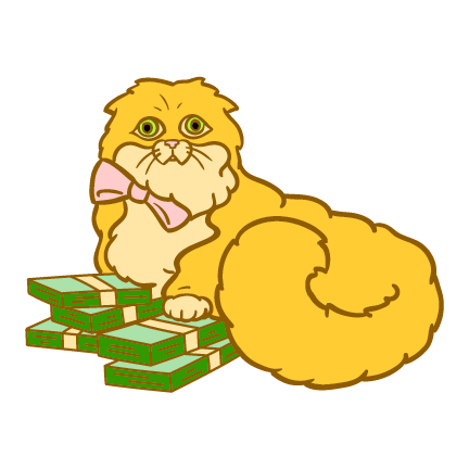 An illustration of a long-haired orange cat wearing a pink bow. The cat has a goofy, surprised expression, and lies down with one paw on a stack of money.