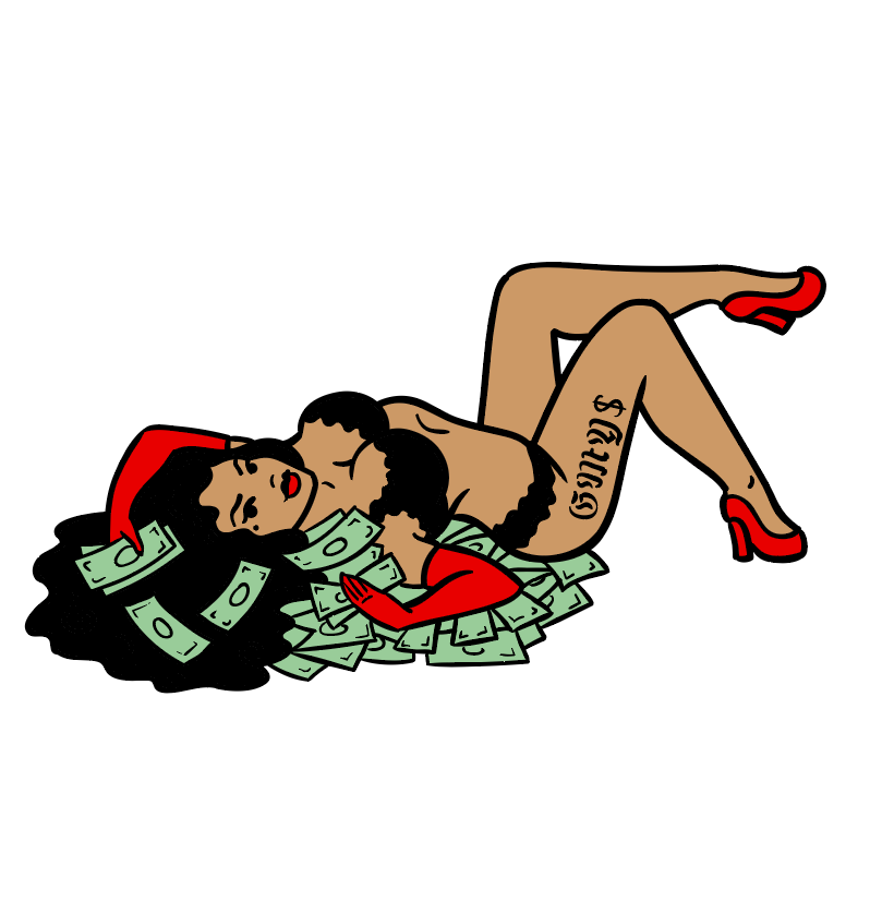 An illustration of a Latina woman in frilly black lingerie with red gloves and high heels. She lies on her back in a pile of money.