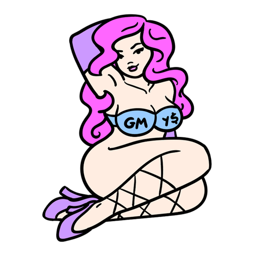 An illustration of a pale, curvy woman with purple hair, gloves, and heels, and a blue strapless bra that reads 