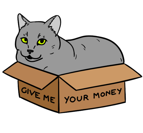 A vinyl sticker design of a grey cat sitting in a box, which reads 