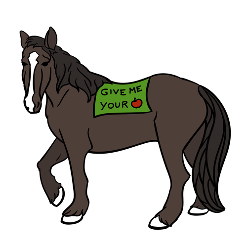 An illustration of a large brown horse with a gentle expression. A cloth draped on his back reads 