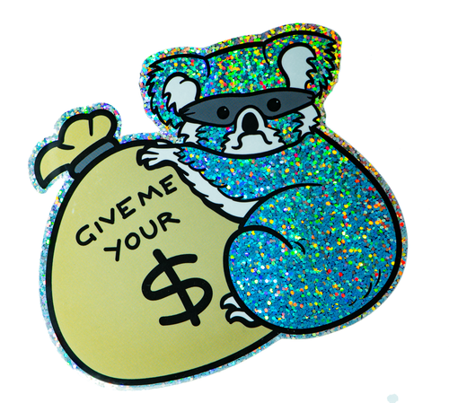 A glitter sticker of a koala bear with a robber mask, clinging to a bag of money.
