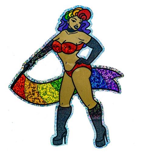 A glittery sticker of a Black femme person with rainbow hair and a rainbow flag. She stands confidently in high heeled boots.