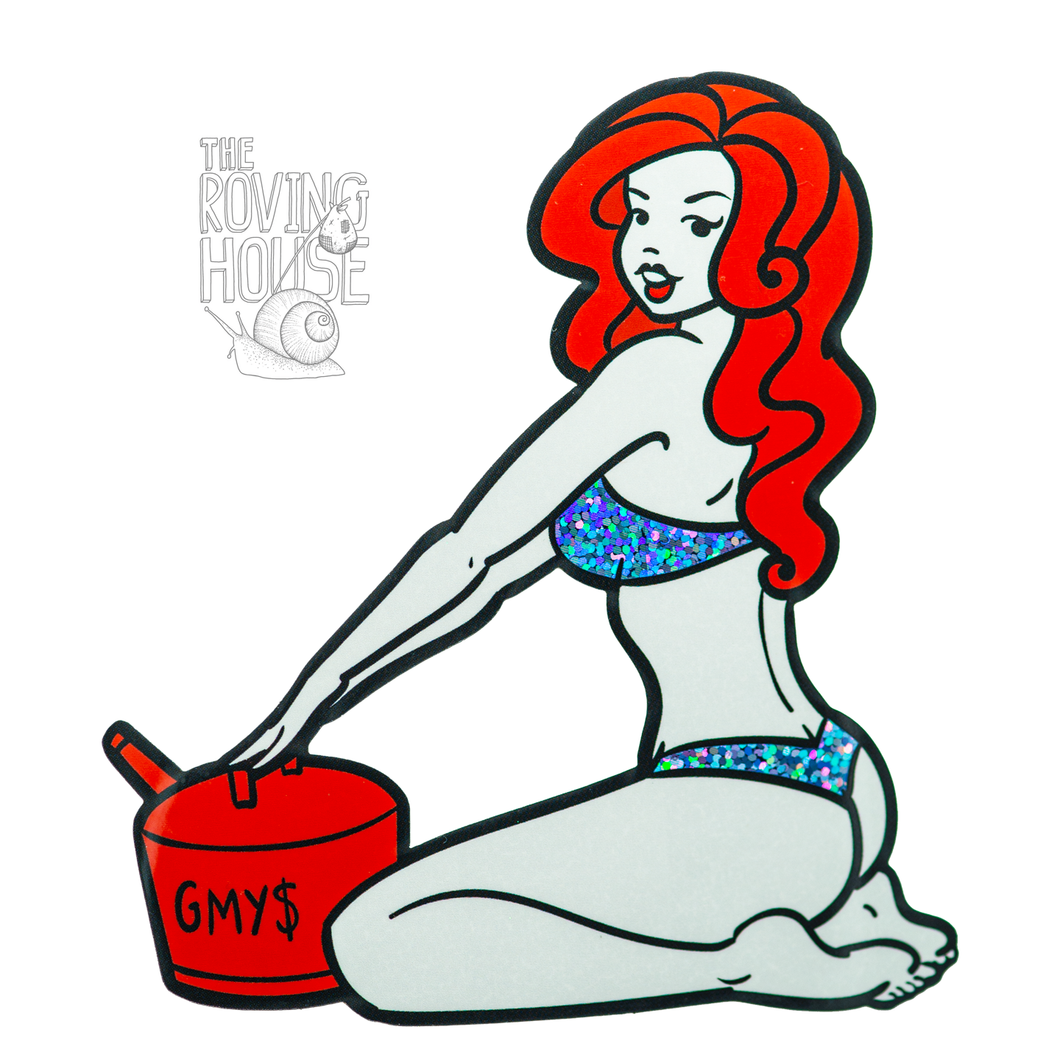 A sticker of a pale redhead in a glitter bikini, holding a red gas can.