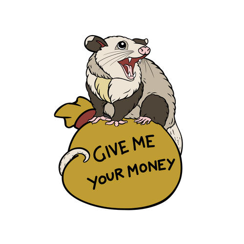 An illustration of a possum sitting atop a bag of money that reads 