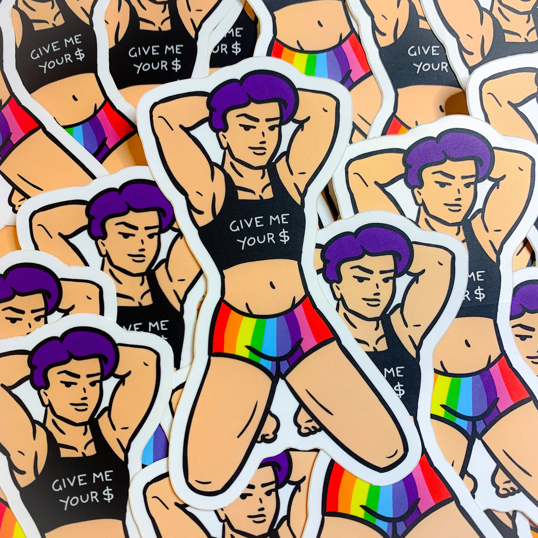 Payton stickers laid out together on a table. Payton is a muscular masculine person, with rainbow shorts and a black midriff tank that says 