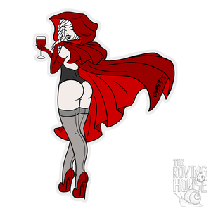 An illustration of a pale vampire woman with a red cape, black bodysuit, stockings, and long gloves. She has white hair and holds a wine glass.