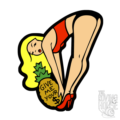 An illustration of a tanned blonde woman in a red outfit, leaning down to pick up a pineapple that reads 