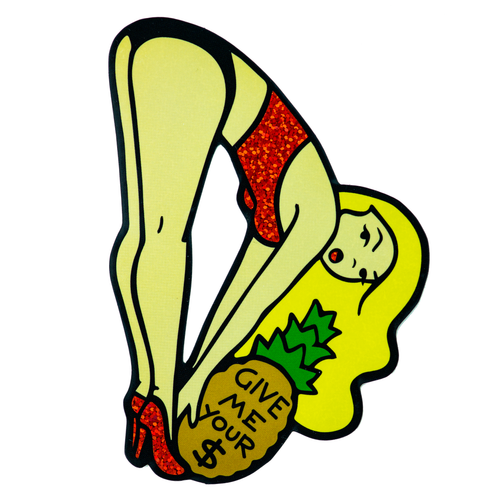 A glitter sticker of a tanned blonde woman leaning down to pick up a pineapple, which reads 