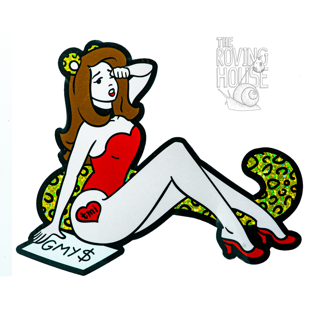 A glittery sticker of a pale woman with brown hair and a cheetah outfit. She has a tattoo that says 