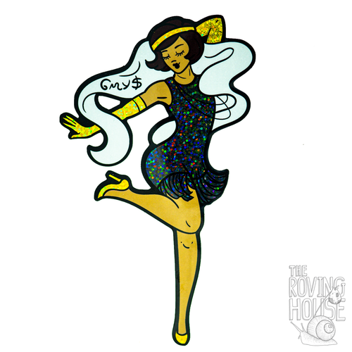 A glittery sticker of a Black flapper girl with short hair and a black and gold outfit. She does the can-can and smiles.