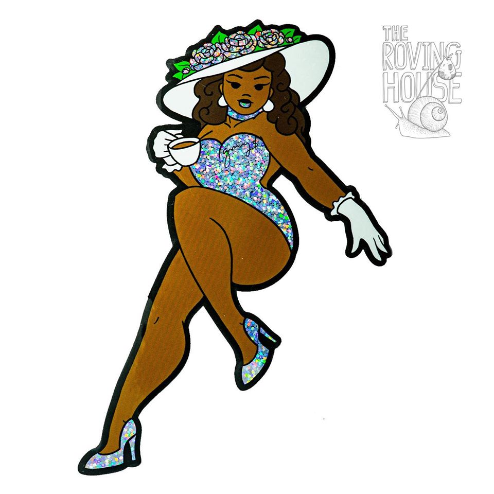 A glittery sticker of a curvy Black woman in heels and a floral sun hat, sipping tea.